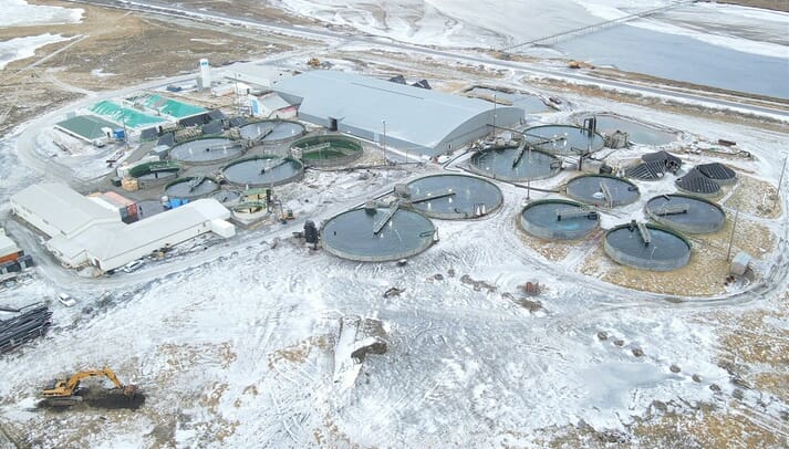 aerial view of land-based salmon farm