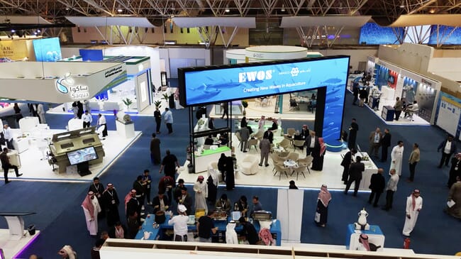 Aerial view of the inside of a hall set up for a trade show