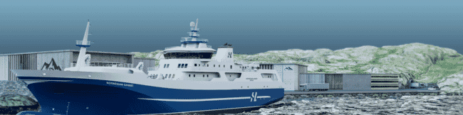 A computer generated image of a large vessel in front of an industrial building.
