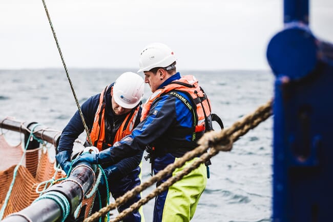 technicians fixing a fish net