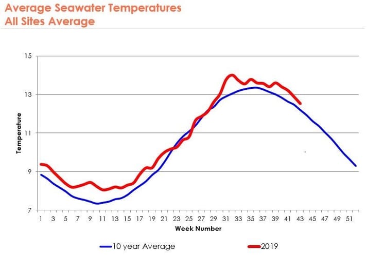 2019 seawater temperatures off the west coast of Scotland have been well over the 10-year average during Q3