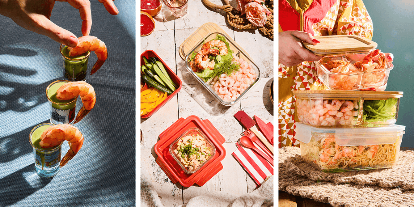 A collage of three photos showcasing meals cooked with shrimp.