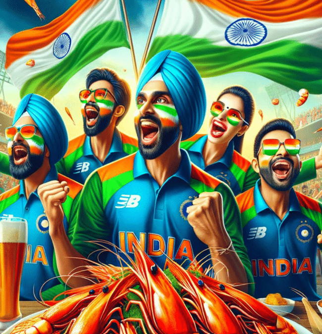 A painting of Indian cricket fans cheering behind a plate of shrimp.