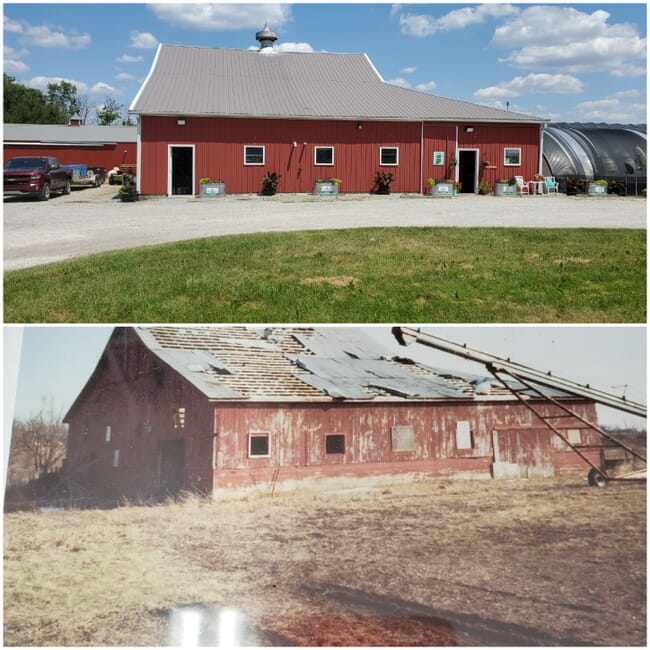 two images of a barn
