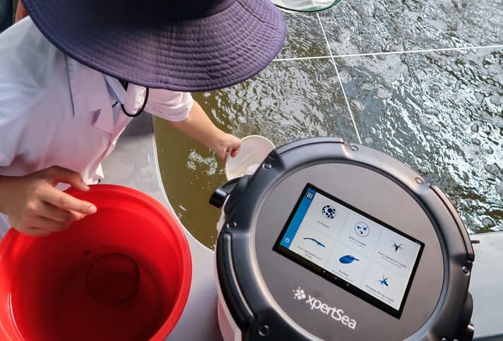 Person using a smart bucket to estimate shrimp biomass