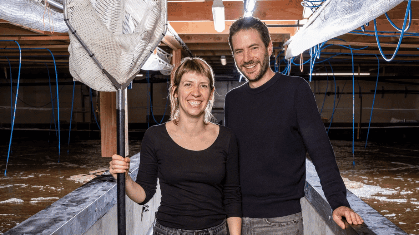 Two land-based shrimp farmers in their research facility in Nantes on the west coast of France.