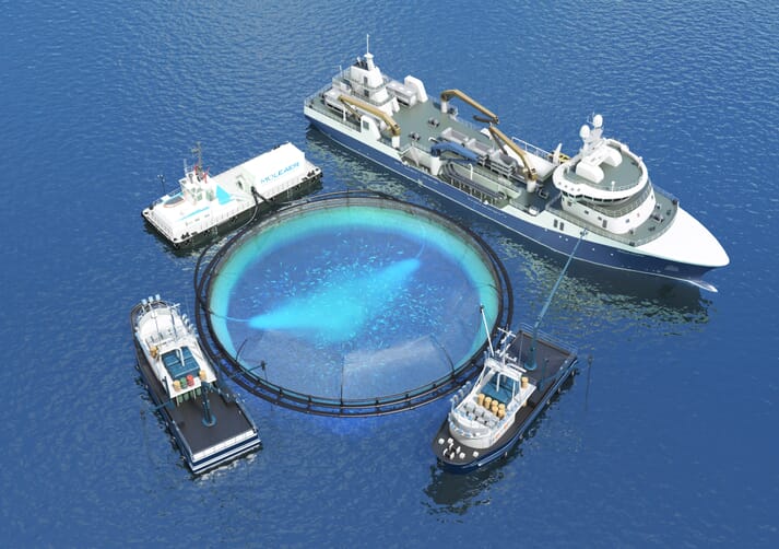 three boats and a barge surrounding an ocean fish pen