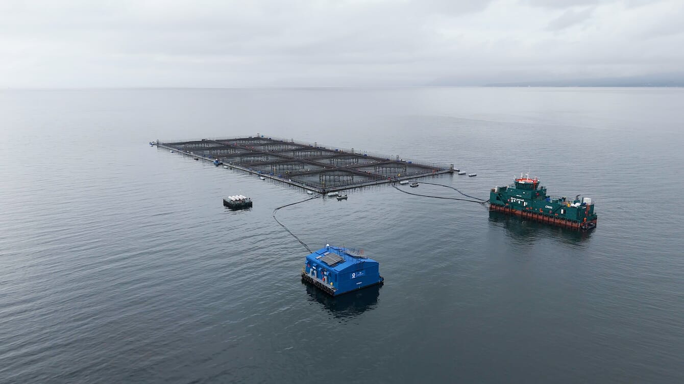 An aerial view of a fish farm using nanobubble technology.