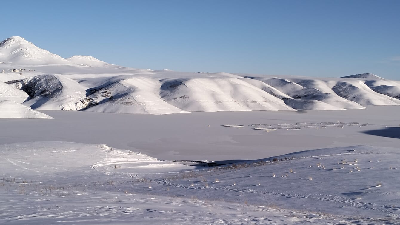 Trout farm under heavy ice