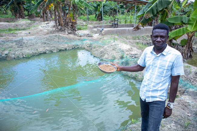 Um criador de peixes em frente a seus lagos.