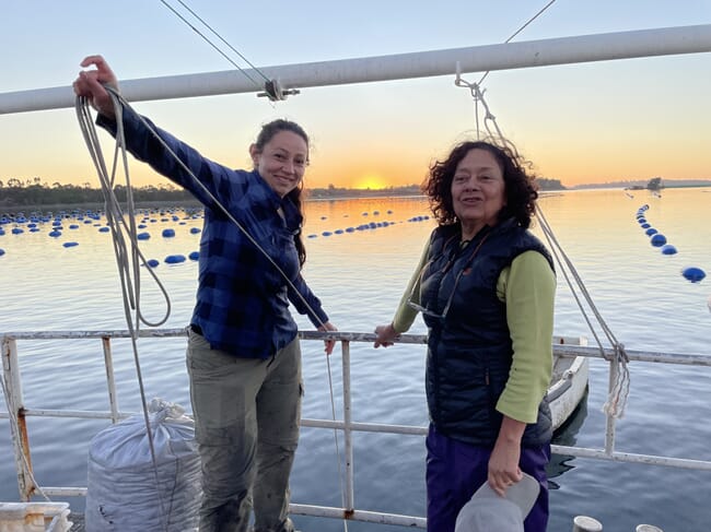 Duas mulheres em pé em um barco em frente a flutuadores de mexilhões.