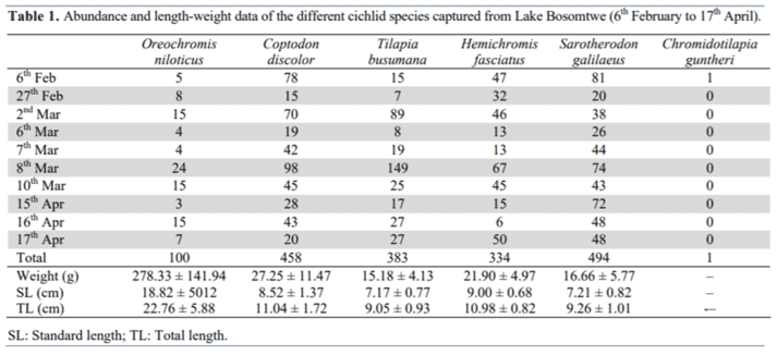 Table showing the species caught while sampling the lake