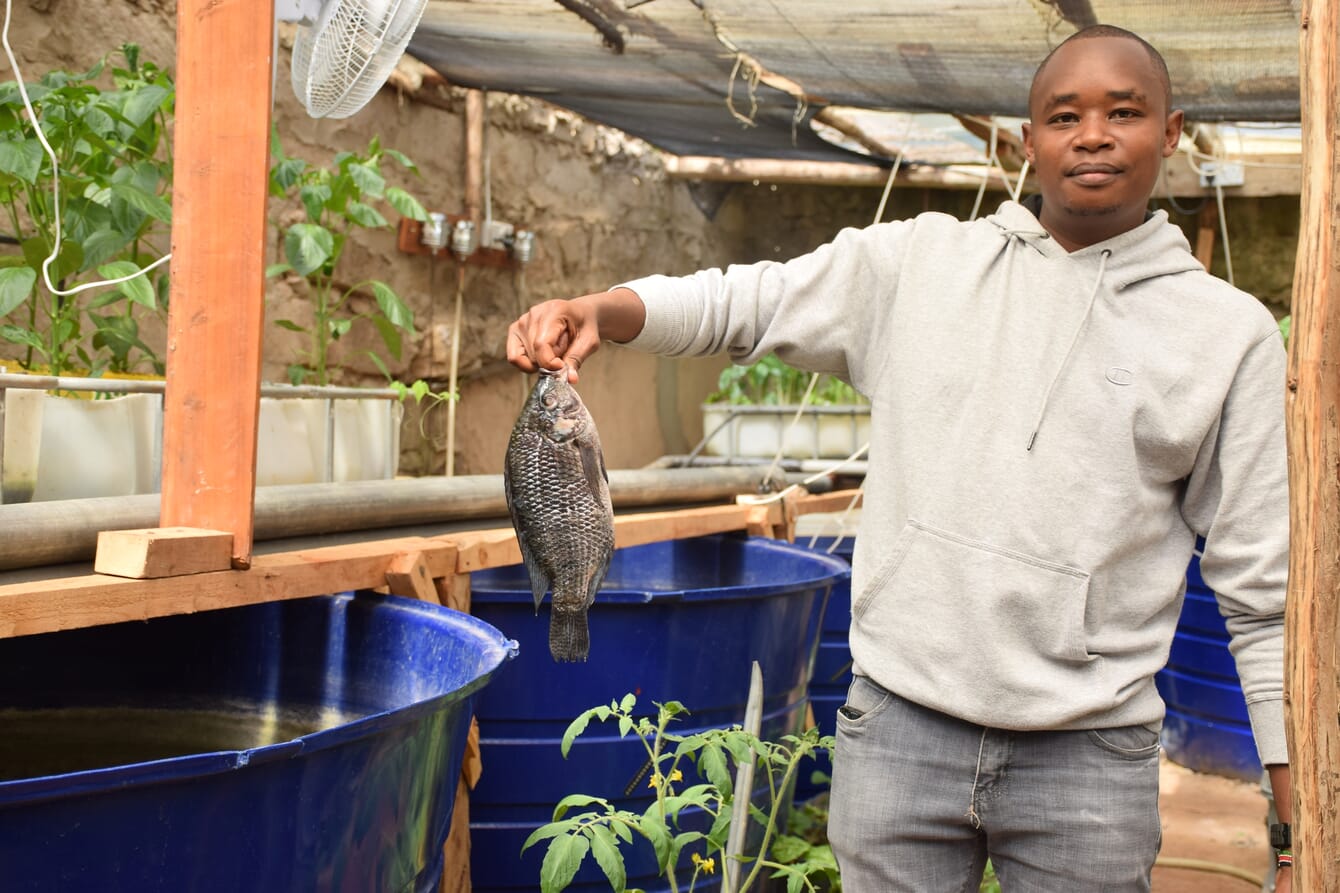 Un hombre sostiene una tilapia.