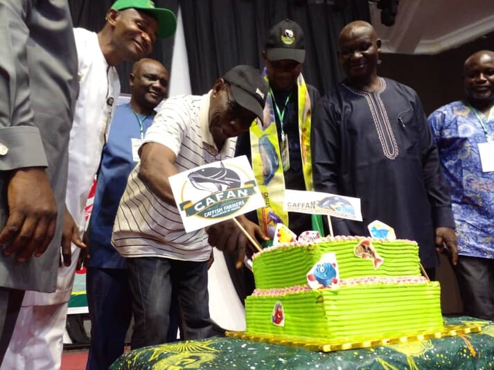 Former Nigerian President, Olusegun Obasanjo, cutting the Unity Cake