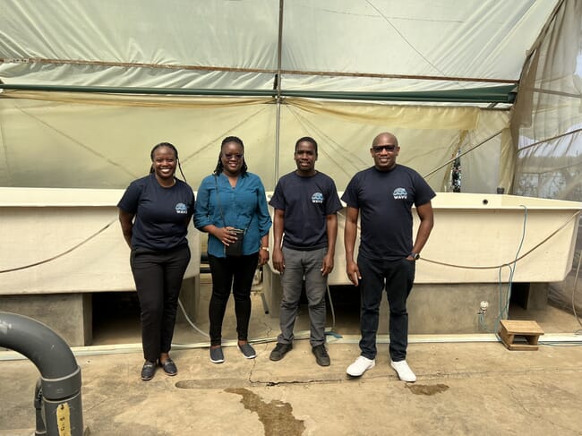 Four people visiting an indoor fish farm.