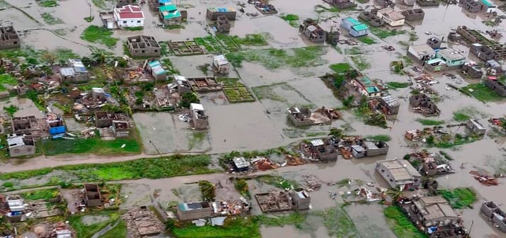 Aerial view of flooded houses in the city of Beira, Mozambique