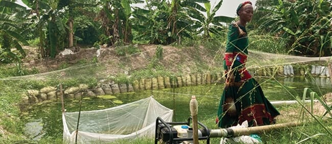 woman standing near a fish pond