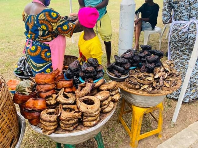 Dried catfish on a table