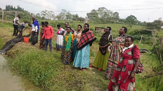 Fila de mujeres junto a un estanque