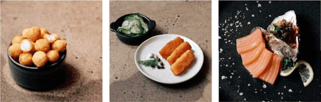 tres platos de marisco cultivado en laboratorio