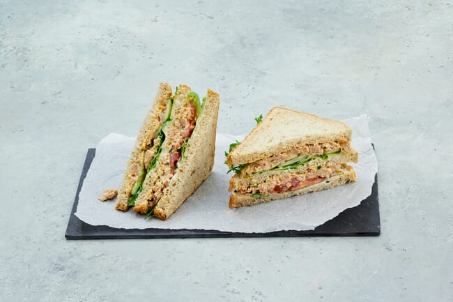 A sandwich with an alternative salmon product.