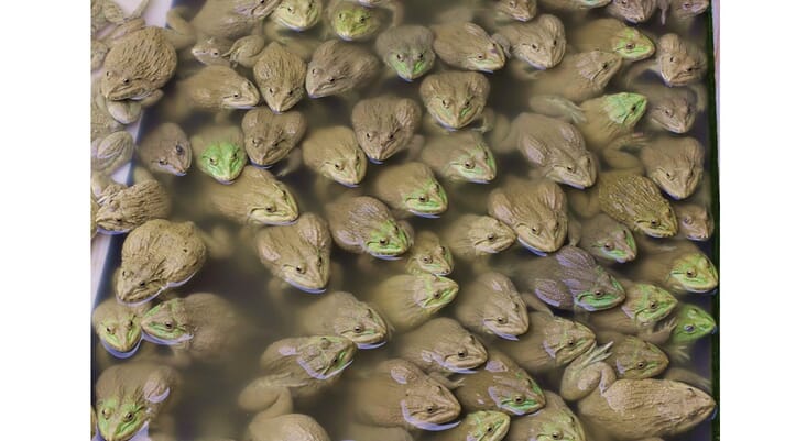 group of frogs partially submerged in water