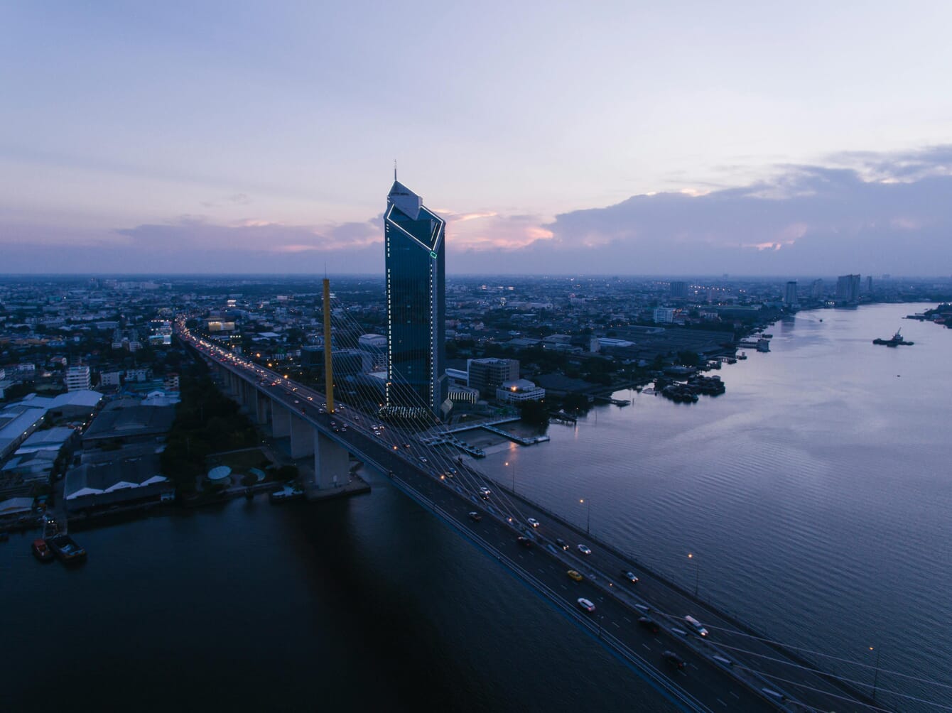 An aerial view of Bangkok at sunset.