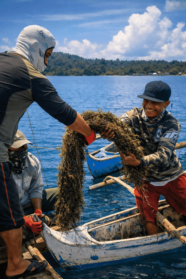 Two seaweed farmers harvesting seaweed on a sunny day.