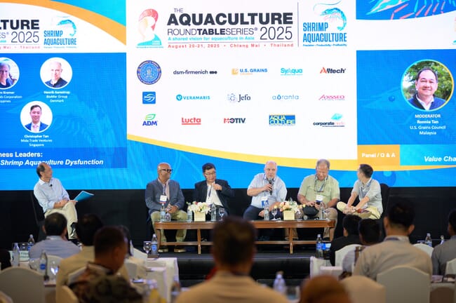 A group of shrimp business leaders at a conference in Thailand.