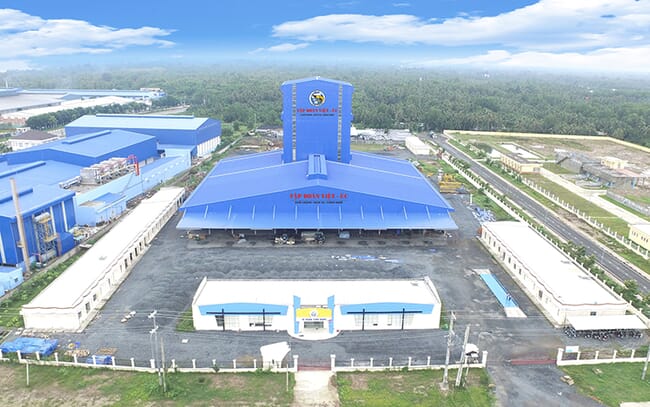 Aerial view of a shrimp feed mill.