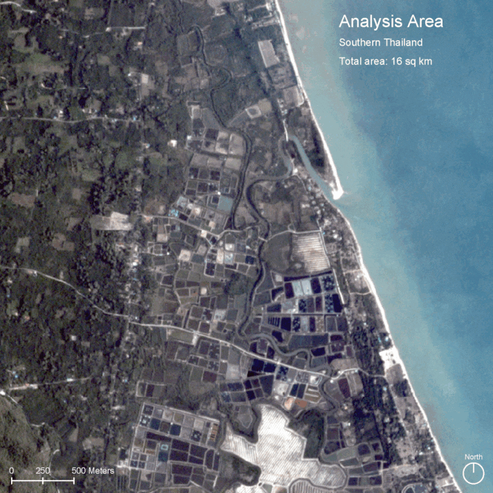 Figure 2: aquaculture ponds are detected in satellite imagery using a deep learning object detection algorithm.