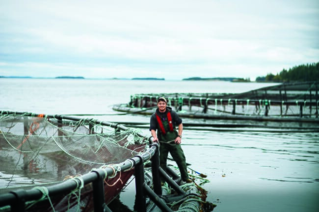 Salmon farmer standing on a sea pen smiling to camera.
