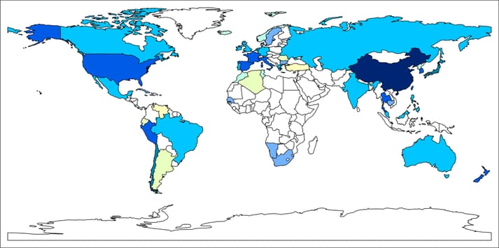Harta lumii care arată valoarea potențială combinată a sechestrării carbonului, remedierii azotului și fosforului și a utilizării cojilor de stridii pentru agregat ($).  Fără date FAO;  ≤ 10.000;  10.001 - 100.000;  100.001 - 1.000.000;  1.000.001 - 10.000.000;  10.000.001 - 100.000.000;  100.000.001 - 1.000.000.000;  1000.000.001 - 10.000.000.000;  10.000.000.001 - 25.000.000.000.000.  Credit: van der Schatte Olivier et al (2018)