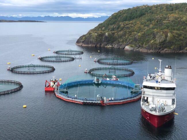 foto aérea de gaiolas de salmão e um barco de trabalho
