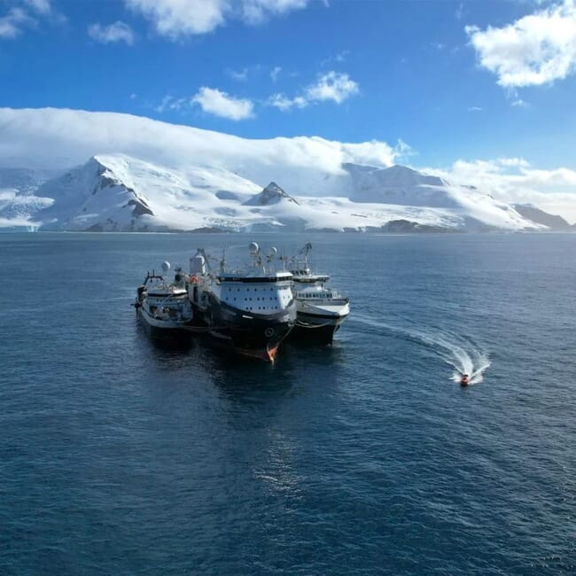 An aerial shot of krill fishing vessels in Antarctica.