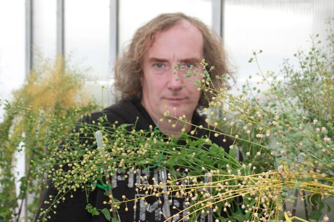 a man standing behind some plants