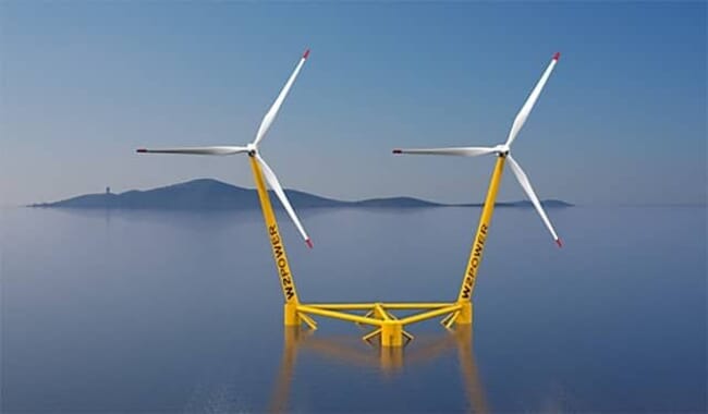 two wind turbines attached to a floating platform