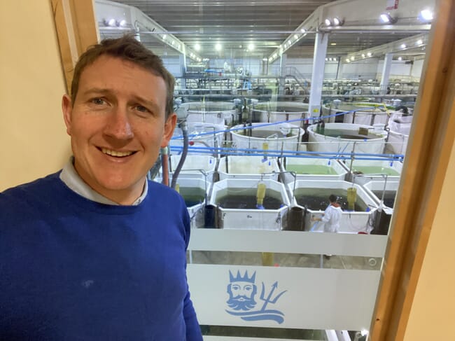 A man in an indoor fish farm.