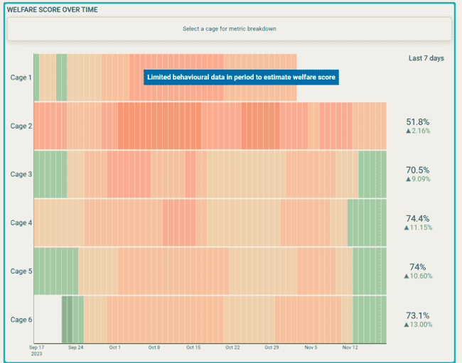 Um gráfico que compara o bem-estar do salmão em diferentes currais ao longo do tempo.