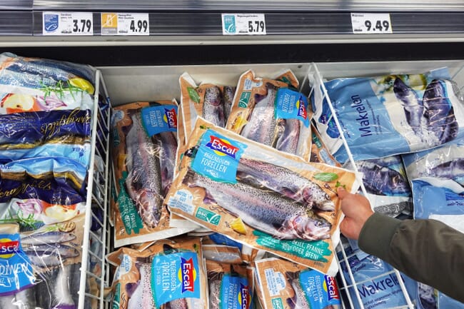 ASC certified frozen fish in supermarket freezer