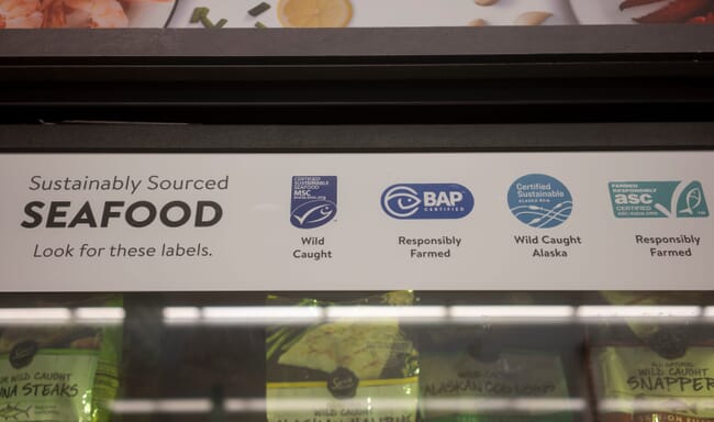 supermarket shelf showing certified labels
