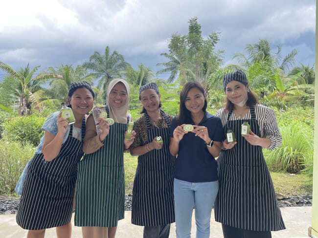 Seaweed farmers with seaweed products.