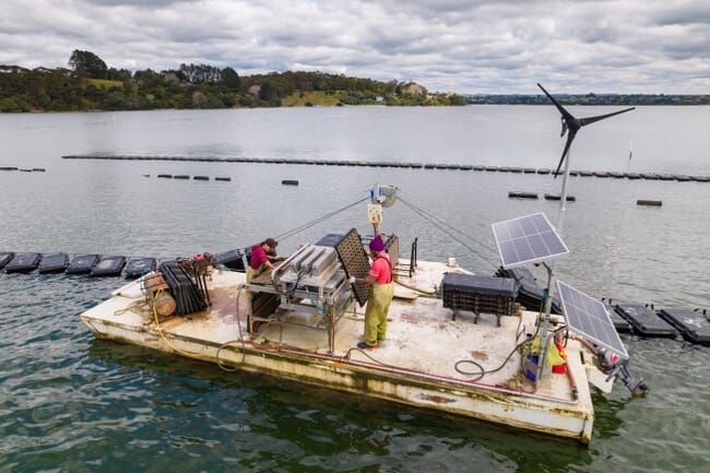 using a barge to check farmed oysters