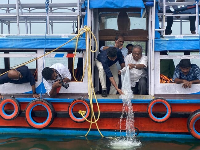 The release of short neck clam seeds into Ashtamudi Lake.