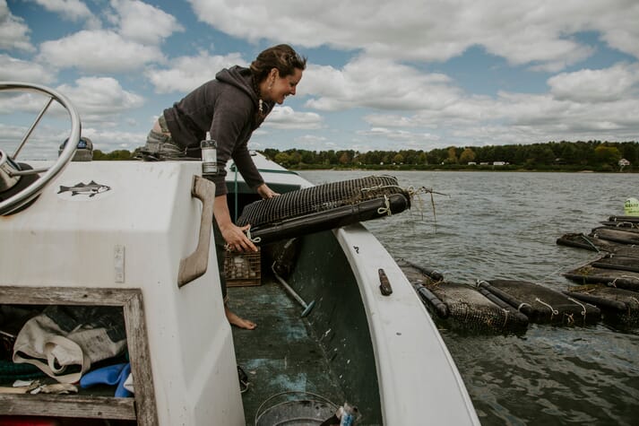Emily Selinger inspecting an oyster raft