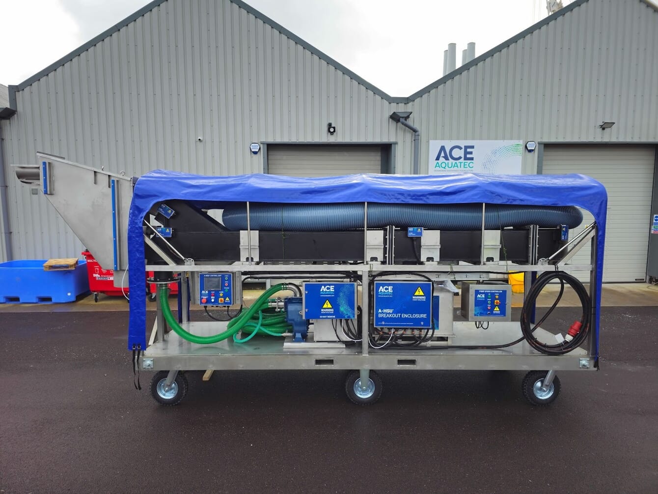 A machine for stunning farmed fish infront of a farm.