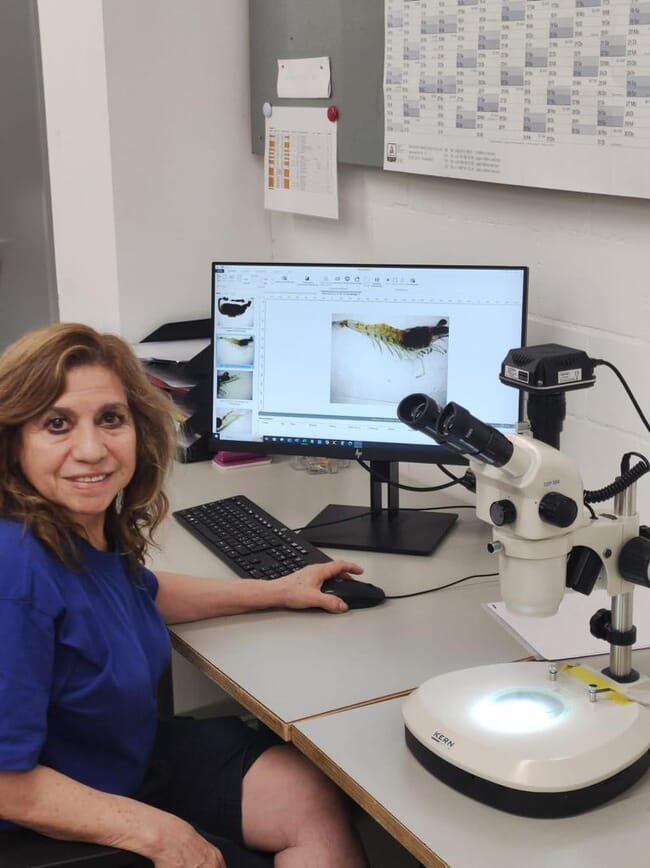 Janeth Chavez Zambrano sentada perto de um microscópio
