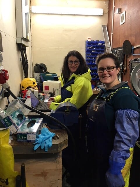 Dr Luisa Vera (back) and Dr Lynn Chalmers (front) of the Institute of Aquaculture sampling Atlantic salmon