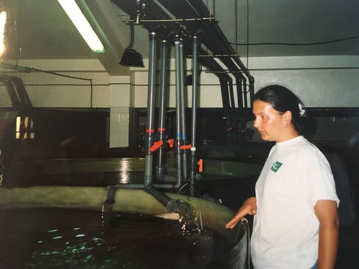 Joana visiting a hatchery belonging to Viveiro VilaNova, a sea bass and sea bream producer in Portugal
