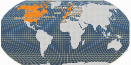 Equal earth map projection with main production countries of blue mussels highlighted in orange